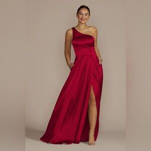 David's Bridal One-Shoulder Draped Charmeuse Dress - Galina Signature Apple Red